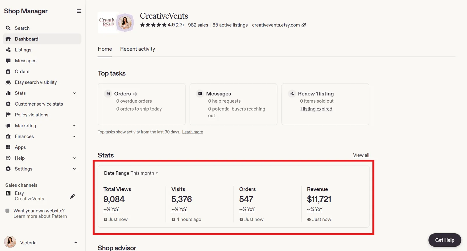 Etsy sales dashboard managed by Delta E Com Ventures