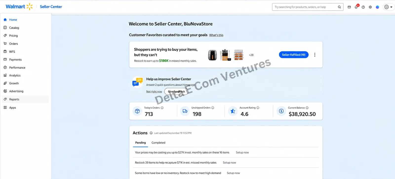 Walmart sales dashboard managed by Delta E Com Ventures